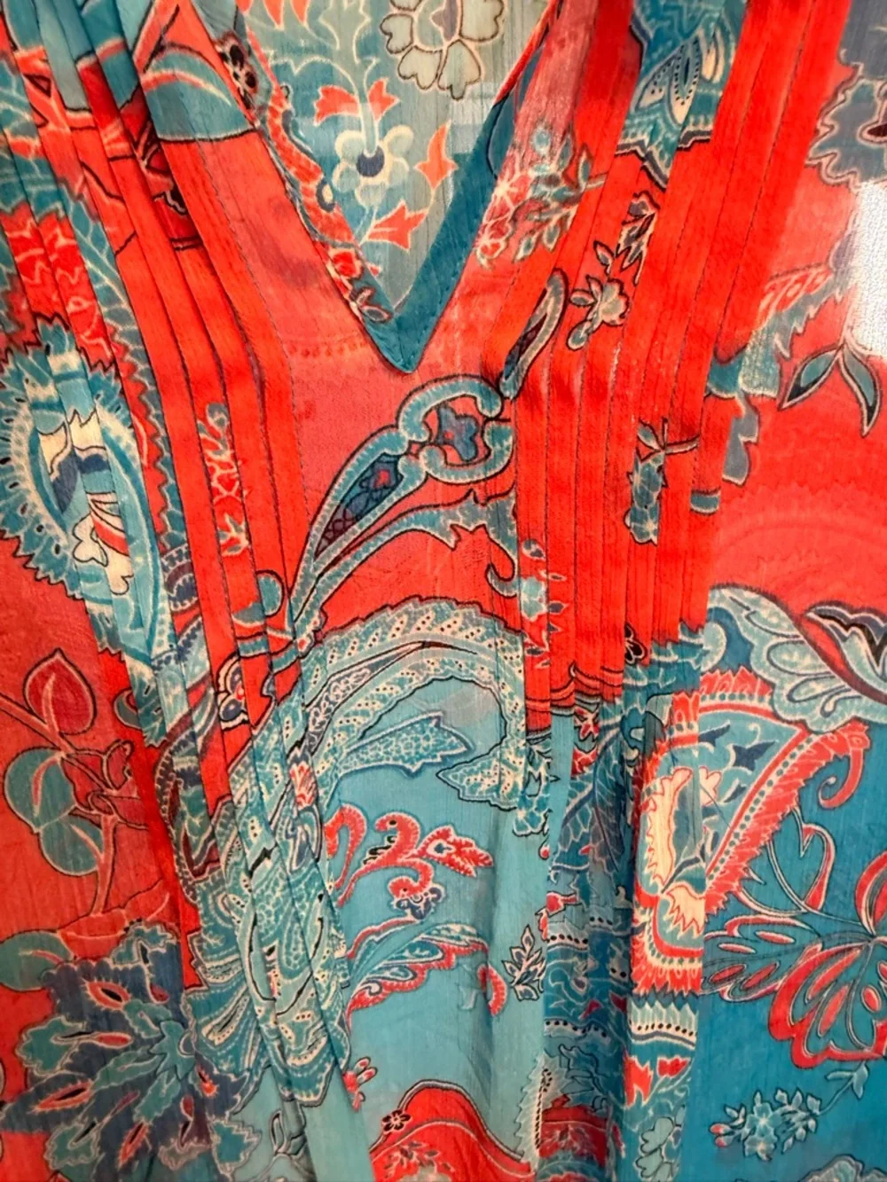 Susan Graver Boho Paisley Tunic Blouse Size M Sheer Flowy Blue Coral Resort Top